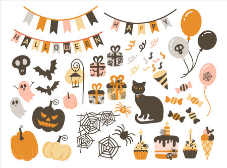 Cute Halloween set of elements. Pumpkin, sweets, gifts and decoration. Hand-drawn vector illustration in flat style.のイラスト素材