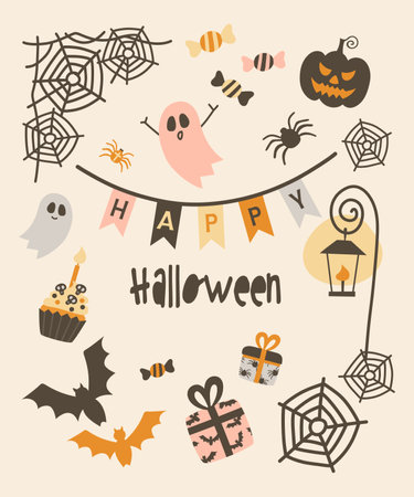 Cute Halloween card. Pumpkin, gifts and decoration. Hand-drawn vector illustration in flat style.のイラスト素材