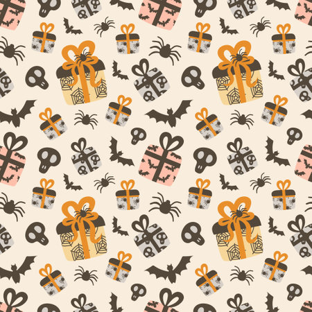 Cute Halloween pattern. Gifts, bats and skulls. Hand-drawn vector illustration in flat style.のイラスト素材