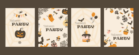 Cute Halloween party invitation set. Pumpkin, gifts and decoration. Hand-drawn vector illustration in flat style.のイラスト素材