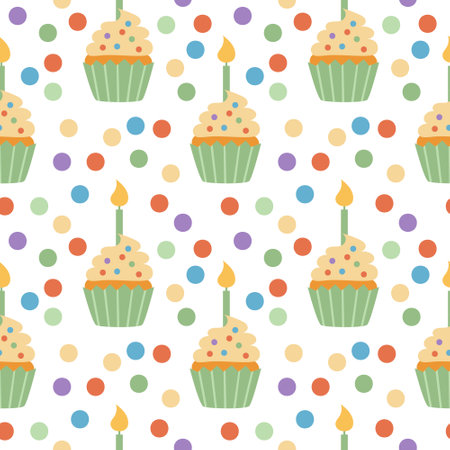 Cute colorful party birthday cupcake pattern. Green on white background. Hand-drawn vector illustration in flat style.のイラスト素材