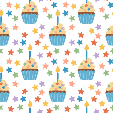 Cute colorful party birthday cupcake pattern. White background. Hand-drawn vector illustration in flat style.のイラスト素材