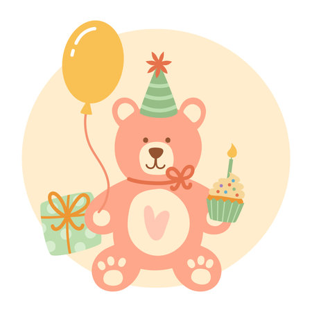 Cute happy birthday pink teddy bear. Hand-drawn vector illustration in flat style.のイラスト素材