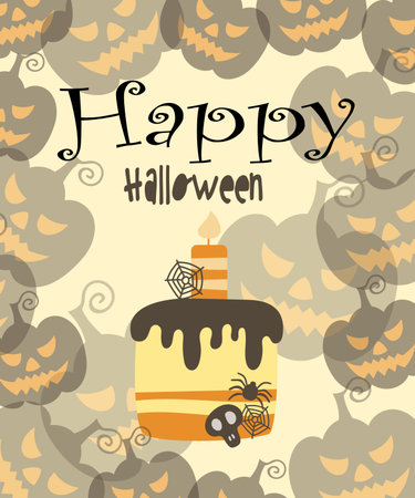Cute Halloween vertical card with cake and pumpkins. Hand-drawn vector illustration in flat style.のイラスト素材