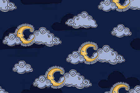 Magic moon night pattern illustrationの写真素材