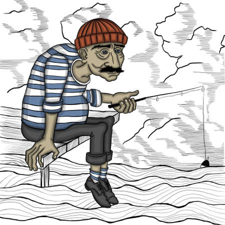Fisherman at the pier with fishing rod fishingのイラスト素材