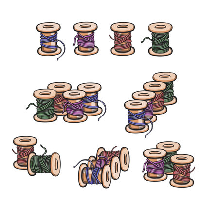 set of wooden and plastic bobbins, spools with colored thread isolated on background. Equipment for...