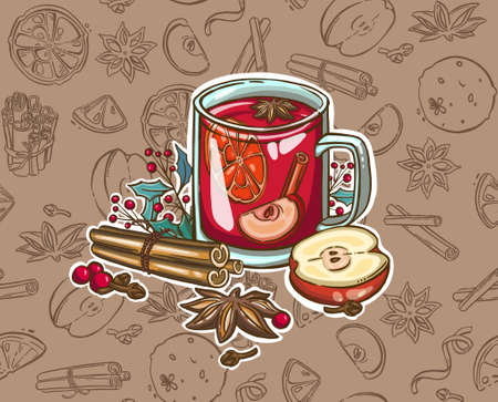 Watercolor Christmas mulled wine. Hand painted wine glass, cinnamon, gingerbread and fir branch isolated on white background. Winter illustration for design, print, fabric. Vector illustrationのイラスト素材