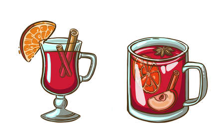 Watercolor Christmas mulled wine. Hand painted wine glass, cinnamon, gingerbread and fir branch isolated on white background. Winter illustration for design, print, fabric. Vector illustrationのイラスト素材