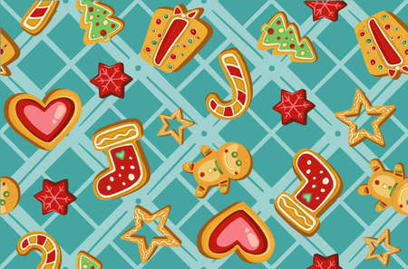Colorful beautiful Christmas cookies icons seamless pattern. Sweet decorated new year backings background - gingerbread man star santa snowflake christmas tree ball sock. Vector illustrationのイラスト素材