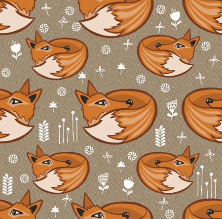 Seamless scandinavian pattern. Vector kids background with fox and different elements. Design for prints, shirts and posters.のイラスト素材