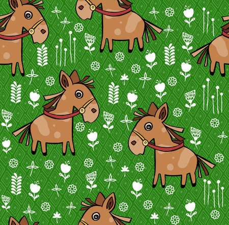 Seamless childish pattern with cute horses and hand drawn textures. Creative blackand white kids texture for fabric, wrapping, textile, wallpaper, apparel. Vector illustrationのイラスト素材