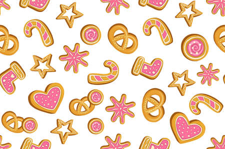 Winter seamless patterns with gingerbread cookies. Awesome holiday background. Christmas repeating texture for surface design, wallpapers, fabrics, wrapping paper etc. Vector illustrationのイラスト素材