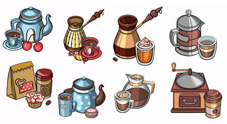 Doodle coffee shop items with seamless pattern. Vector illustrationのイラスト素材