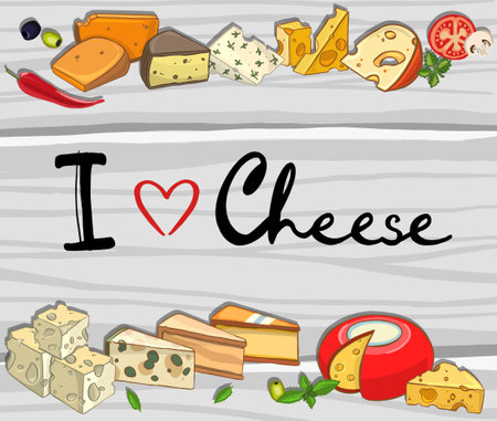 Cheese design template. Hand drawn dairy illustration. different cheese kinds banner. Retro food background. Vector illustrationのイラスト素材