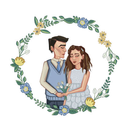 wedding couple, groom and bride cartoon flowers frame decoration illustration. High quality illustrationの写真素材