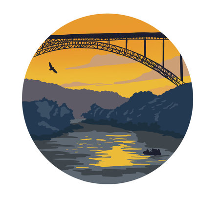 Scenery . The bridge at sunset and the silhouette of the rafting people in the boat. High quality freehand illustration.の写真素材