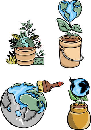 Multicolored funny childrens drawings about ecology illustration. Vector illustrationのイラスト素材
