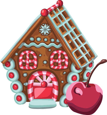 Postcard with hand drawning gingerbread house isolated on night background. Christmas cookies and snowflakes. Vector illustrationのイラスト素材