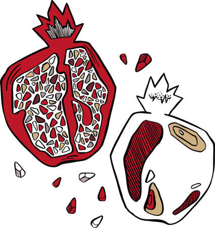 Fresh bright exotic whole and half pomegranate with leaves isolated on white background.のイラスト素材