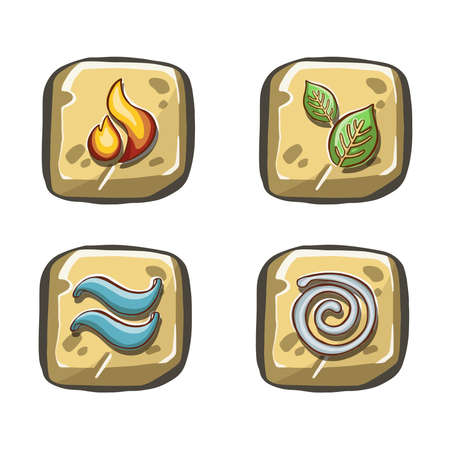 Set of Buttons with symbols of the elements, air, water, earth, fire. hand drawn texture. illustration.のイラスト素材
