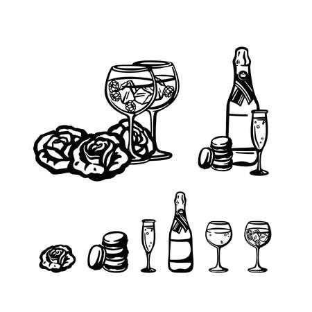 Set of festive pink champagne with glasses and roses illustration vectorのイラスト素材