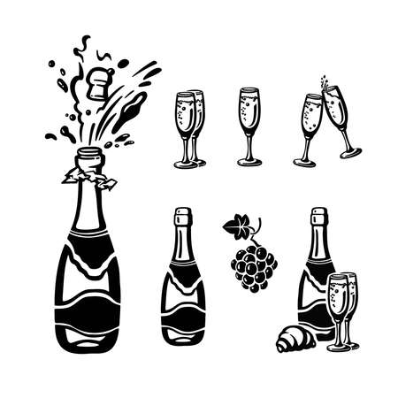 set of silhouettes with champagne, glasses of wine illustration vectorのイラスト素材
