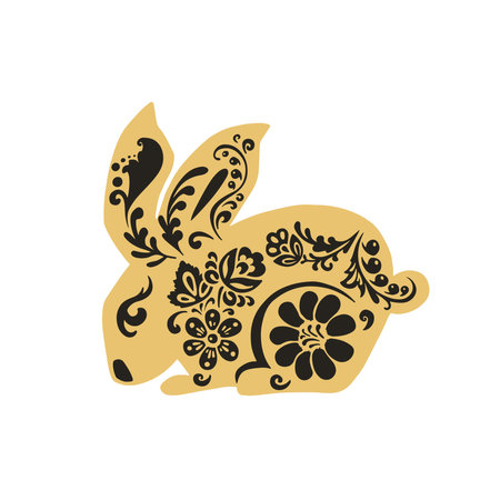 Hare rabbit in Khokhloma painting style, black and gold and vector illustrationのイラスト素材