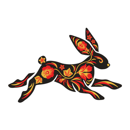 Black and red Khokhloma painting hare new year, easter, boho, vintage, vector illustrationのイラスト素材
