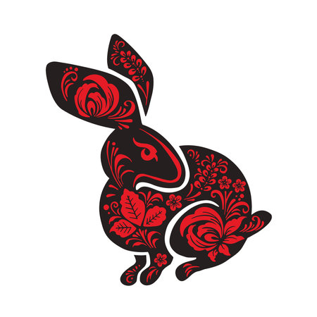 Black Hare, rabbit with flower painting ethno red color, vector illustrationのイラスト素材