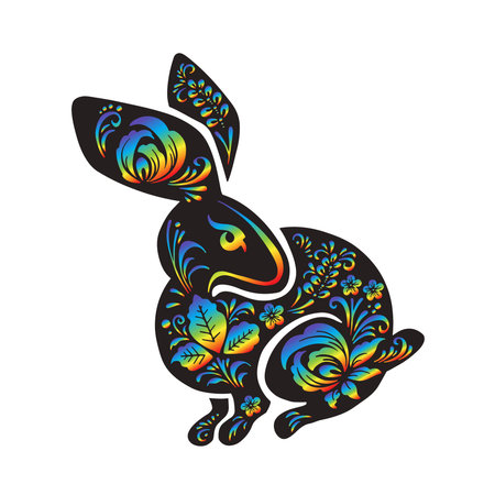 Black Hare, rabbit with flower rainbow painting, vector illustrationのイラスト素材