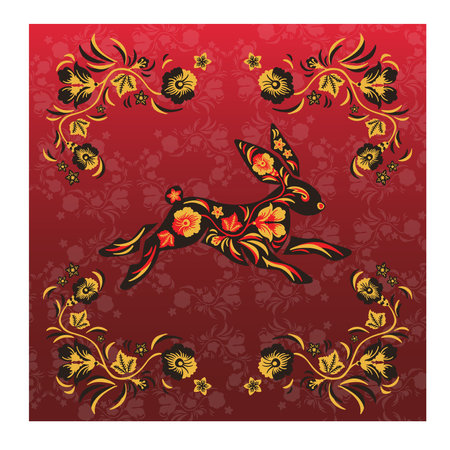Banner hare symbol of the year, Easter in the style of Khokhloma painting, ethno, vector illustrationのイラスト素材