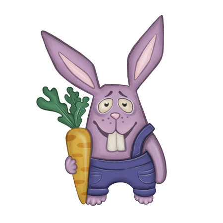 cartoon colored funny hare farmer with harvest, hand drawnの写真素材