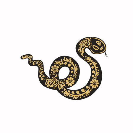 snake, viper in the style of Khokhloma painting, black and gold , vector illustrationのイラスト素材