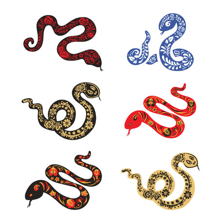 Set of snake, viper with ethnic painting, vector illustrationのイラスト素材