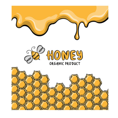 Honey card with honeycomb and bee, vector illustrationのイラスト素材