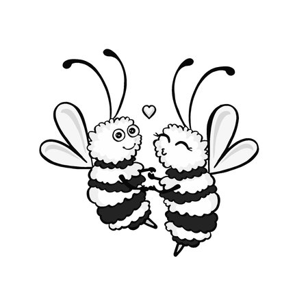 Two black and white bees spinning in dance, love, kiss, vectorのイラスト素材