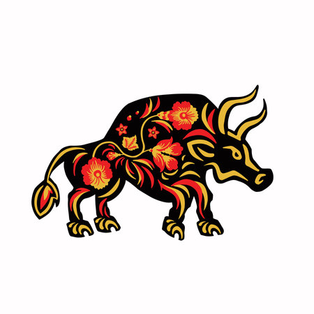 bull, buffalo, Taurus with retro red and yellow ethnic vector illustrationのイラスト素材