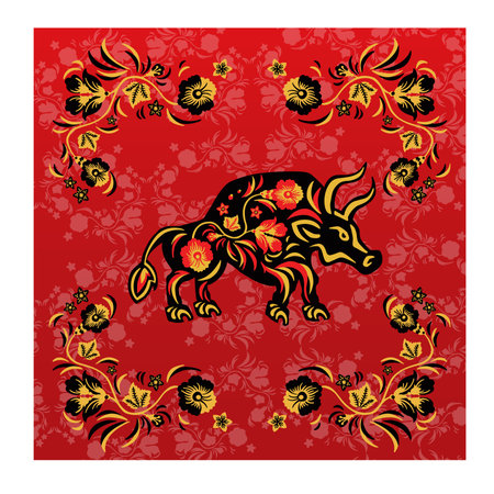 Taurus greeting card, bull, buffalo with red and yellow in ethnic Russian style, symbol of the year, vector illustrationのイラスト素材