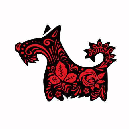 dog with drawn red ethnic flowers, vector illustrationのイラスト素材