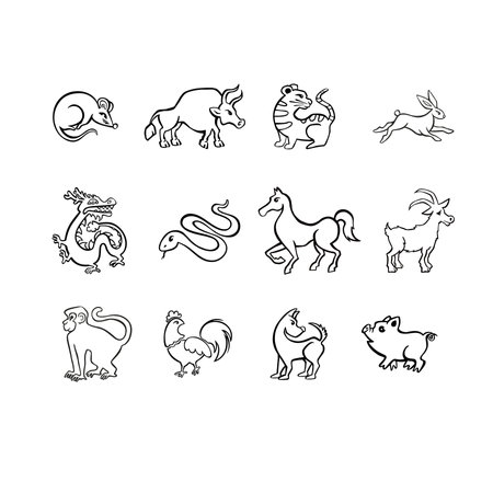 Set of Eastern horoscope Symbols, line symbol of the year, outline vectorのイラスト素材