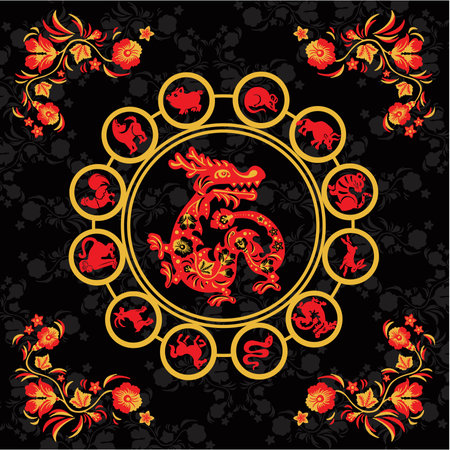 Black and red Khokhloma dragon, monster, vintage, vectorのイラスト素材