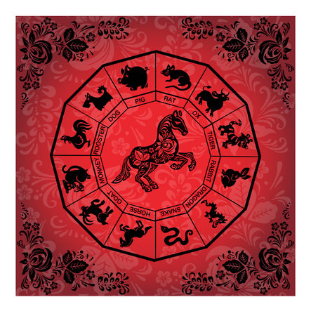 Horse, equestrian card in red and black colors in ethnic Russian style, symbol of the year, vector illustrationのイラスト素材