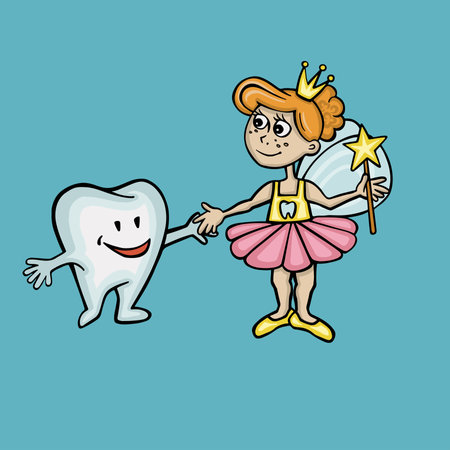 Tooth fairy making friends with tooth character, vector illustrationのイラスト素材