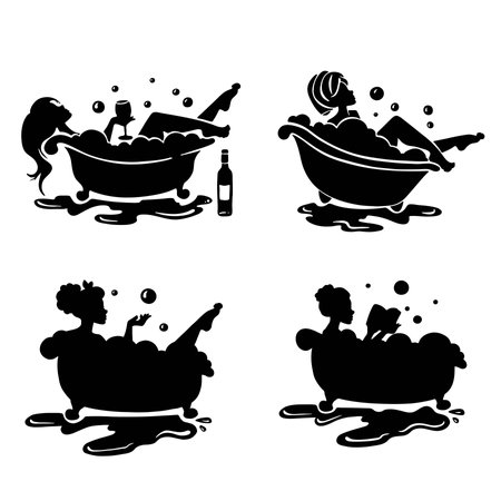 Set of women in bath with foam, relax silhouette. Vectorのイラスト素材