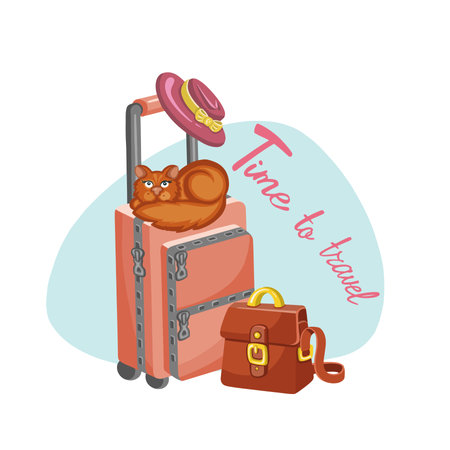 Vector colored cartoon style hand drawn cat sitting on suitcases, stack of travel bags. illustrationのイラスト素材