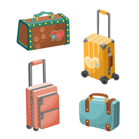 Set of colored cartoon style suitcases isolated on a white background. Vectorのイラスト素材