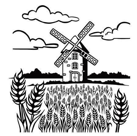 Village vector logo template. Retro Mill and house landscape. Vector illustrationのイラスト素材