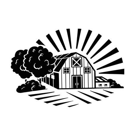 Farm emblem sketch. Agriculture, farming, village vintage vectorのイラスト素材