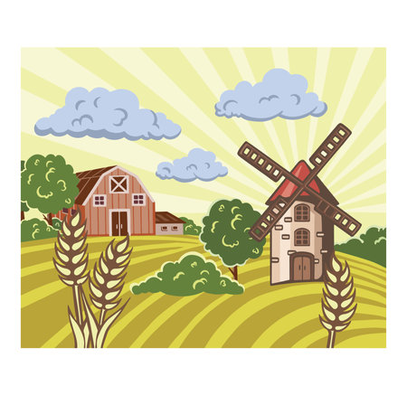 Windmill on a wheat field. cartoon vector illustration.のイラスト素材
